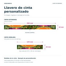 Llavero de cinta personalizado: 250 x 20 mm extendido y 125 x 20 mm doblado, con ejemplo de diseño y pliegue central