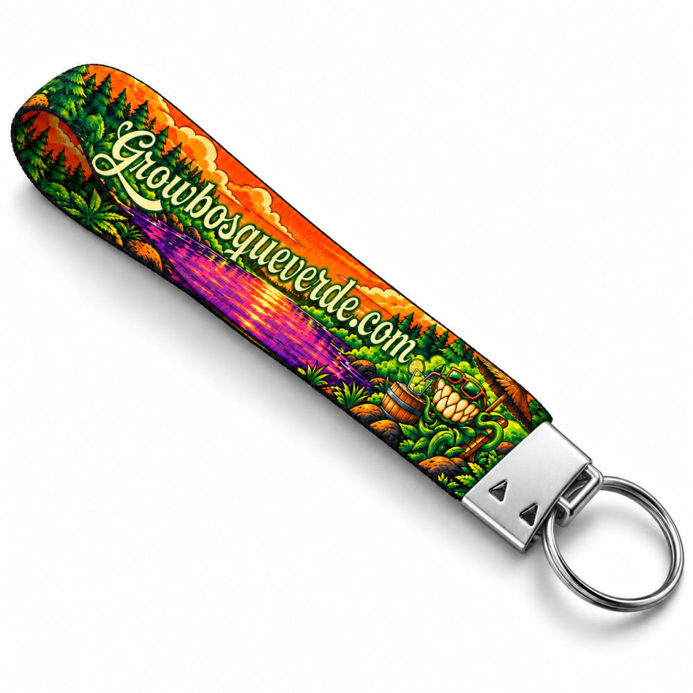 Mockup orientativo de llavero de cinta personalizado con cierre metálico de pinza y anilla, con diseño Growbosqueverde naranja.